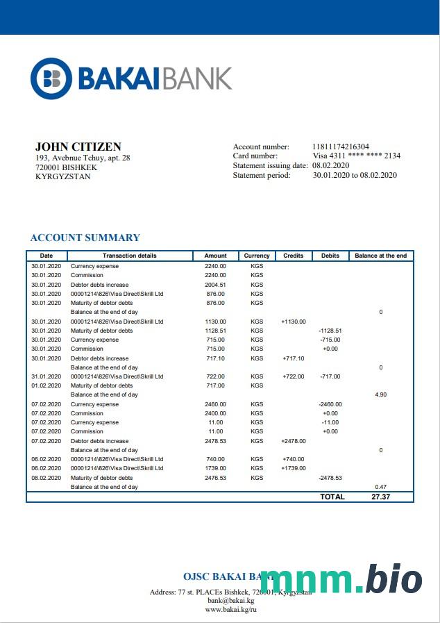 Wyciąg bankowy Kirgistan OJSC Bakai łatwy do wypełnienia szablon w formacie Excel i PDF